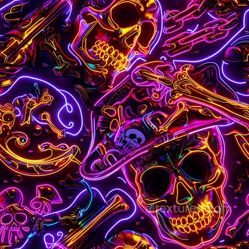 Seamless 3D PBR Texture of Neon Glow Graffiti Skulls with Vibrant Color Strokes texture preview