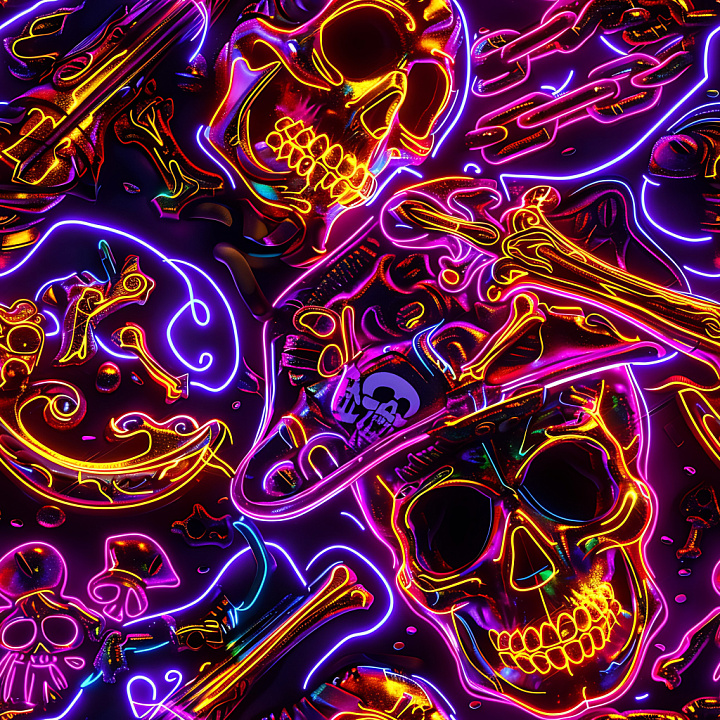 Neon Glow Graffiti Skulls with Vibrant Color Strokes seamless PBR texture preview