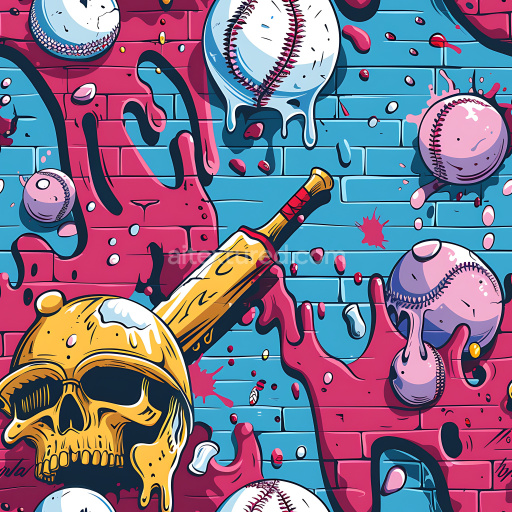 Seamless 3D PBR Graffiti Texture Featuring Colorful Baseball and Skull Mural