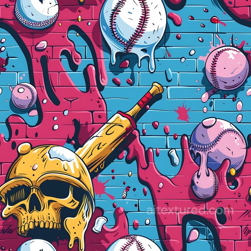 Seamless 3D PBR Graffiti Texture Featuring Colorful Baseball and Skull Mural texture preview