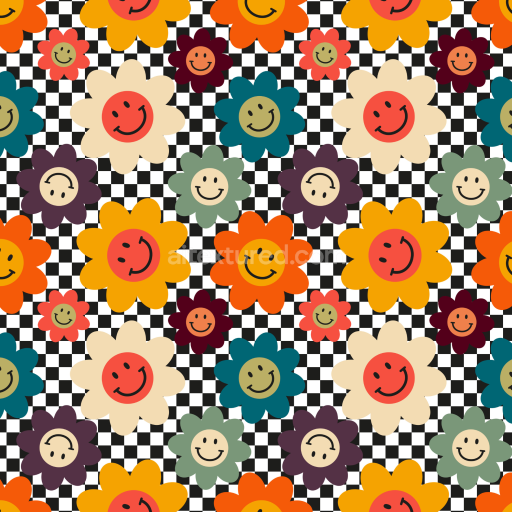 Seamless 3D PBR texture with colorful happy face flower pattern and checkerboard background