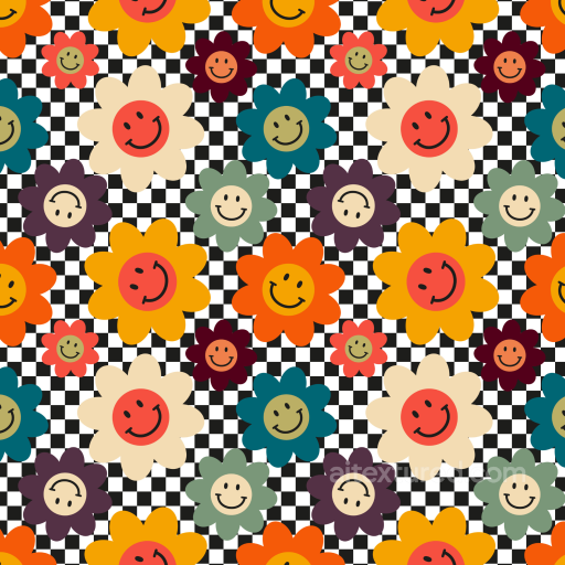 With Colorful Happy Face Flower Pattern And Checkerboard Background seamless Happy Face pattern PBR texture