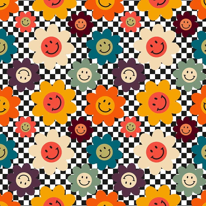 With Colorful Happy Face Flower Pattern And Checkerboard Background seamless PBR texture preview