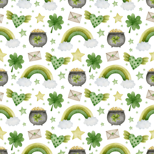 Seamless 3D PBR Watercolor St Patrick Digital Paper Texture with Rainbows & Shamrocks