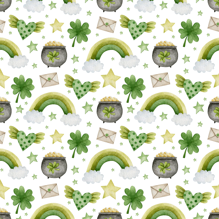 Watercolor St Patrick Digital Paper with Rainbows & Shamrocks seamless PBR texture preview