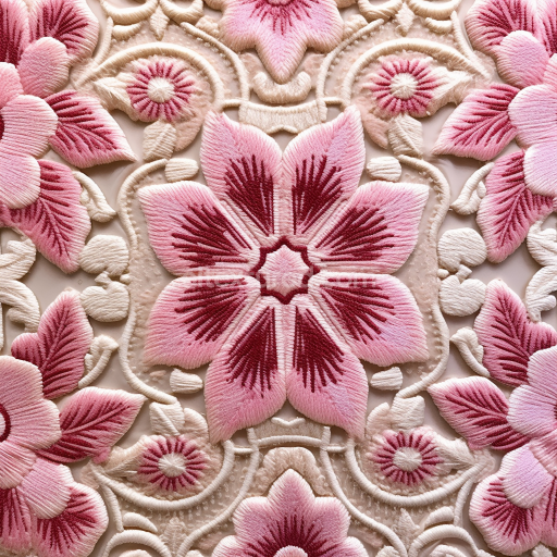 Seamless 3D PBR Texture of Pink Embroidered Floral Fabric with Ornate Stitching