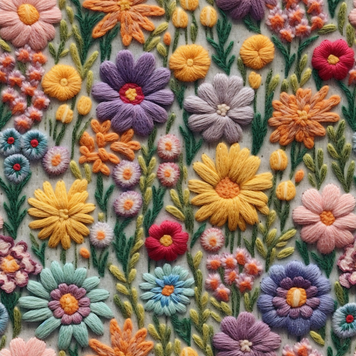 Colorful Embroidered Floral Yarn on Fabric seamless PBR texture preview