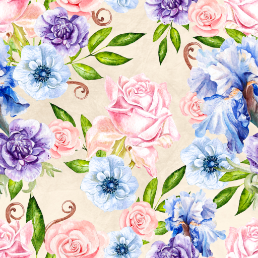 Seamless 3D PBR Texture of Colorful Watercolor Flowers with Green Leaves