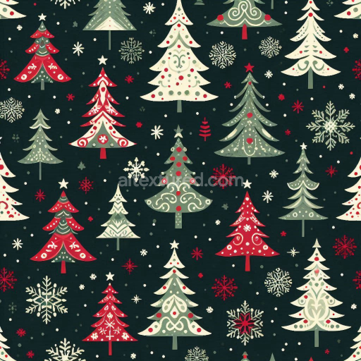 Seamless 3D PBR Christmas Digital Paper Texture Featuring Hand-Painted Festive Trees and Snowflakes