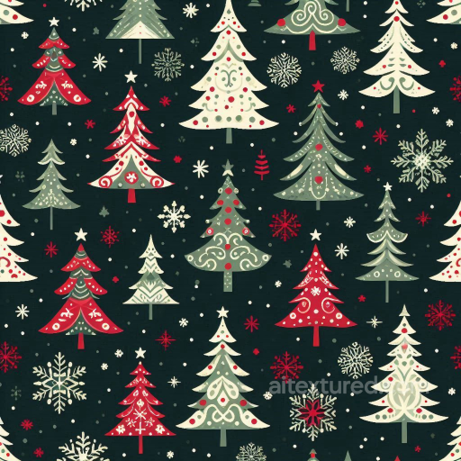 Christmas Digital Paper Texture Featuring Hand-Painted Festive Trees and Snowflakes seamless All Christmas Digital paper PBR texture