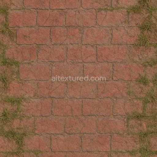 Seamless 3d texture pbr 8k brick red pavement with faded paint and grass edges natural wear