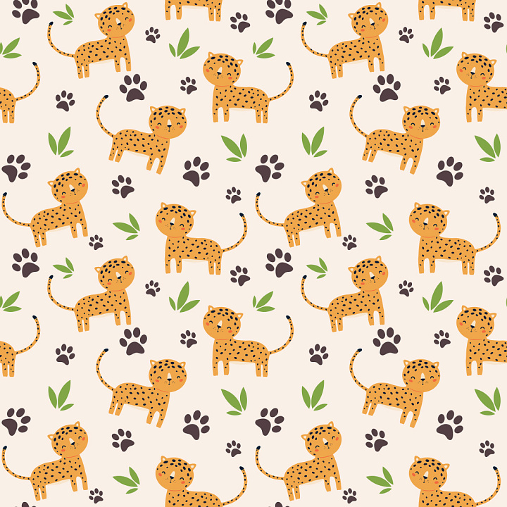 Pattern with Playful Leopard Cartoon Motifs and Leaf Accents seamless PBR texture preview