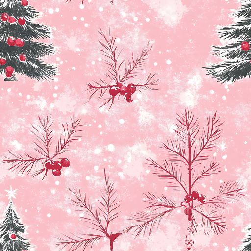 Christmas Digital Paper Texture Featuring Pine Branches and Red Berries on Pink seamless All Christmas Digital paper PBR texture