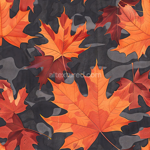 Seamless 3D PBR Camouflage Texture Featuring Autumn Maple Leaves on Dark Organic Camouflage Background