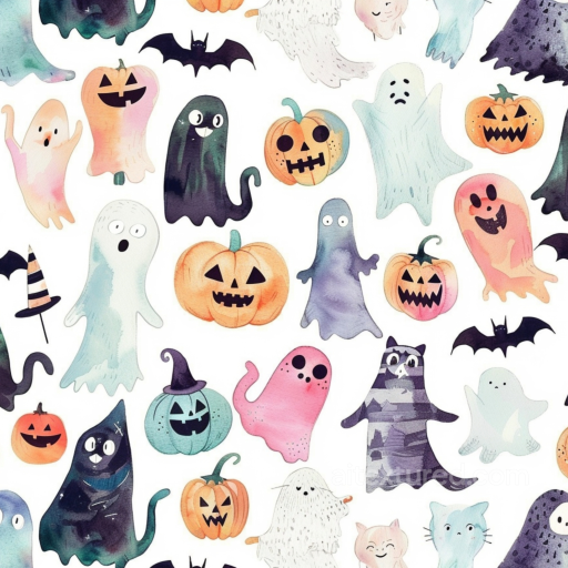Watercolor Halloween Pattern Texture with Pumpkins & Ghosts seamless Watercolor Halloween PBR texture