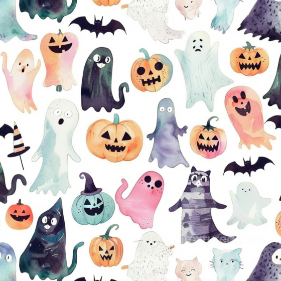 Watercolor Halloween Pattern Texture with Pumpkins & Ghosts Watercolor Halloween texture preview