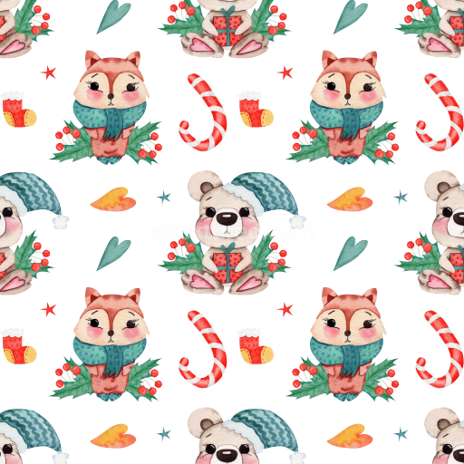 Seamless 3D PBR Christmas Watercolor Texture with Cute Holiday Animals and Festive Motifs