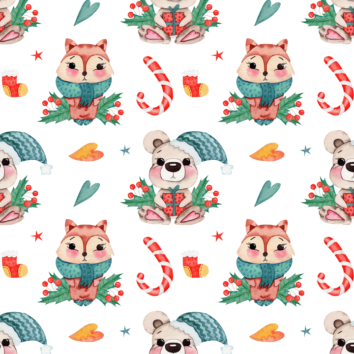 Christmas Watercolor with Cute Holiday Animals and Festive Motifs seamless PBR texture preview