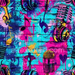 seamless Seamless 3D PBR Texture of Vibrant Music-Themed Graffiti on Wood Planks texture 8k free download PBR