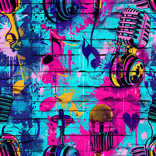 Seamless 3D PBR Texture of Vibrant Music-Themed Graffiti on Wood Planks