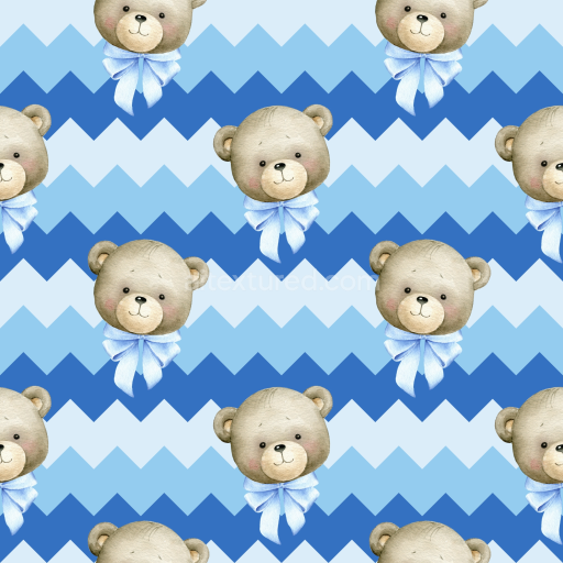 Seamless 3D PBR Fabric Texture with Cute Teddy Bears and Chevron Pattern in Blue