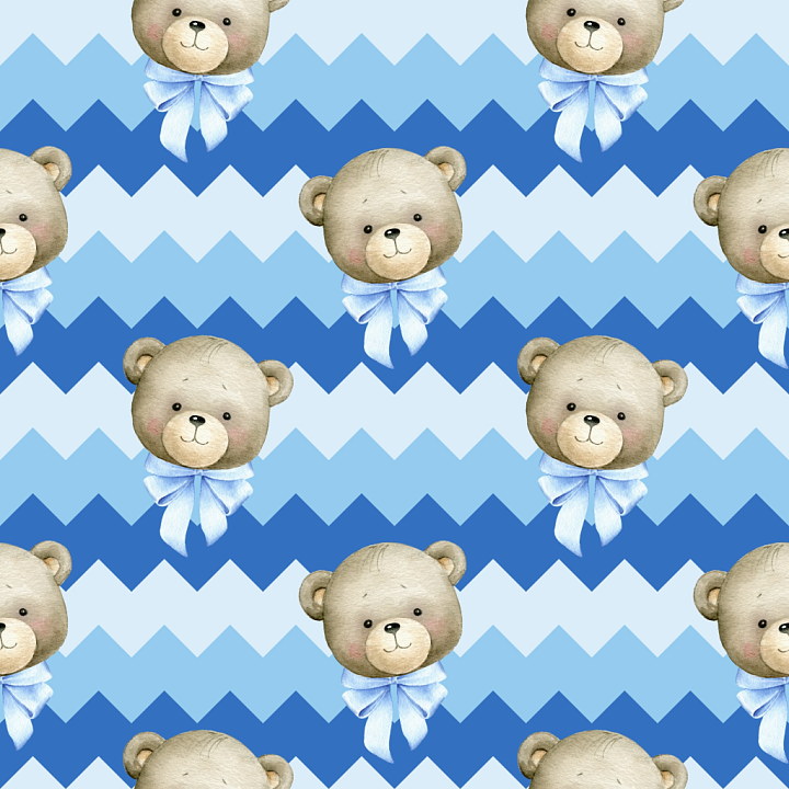 Fabric with Cute Teddy Bears and Chevron Pattern in Blue seamless PBR texture preview