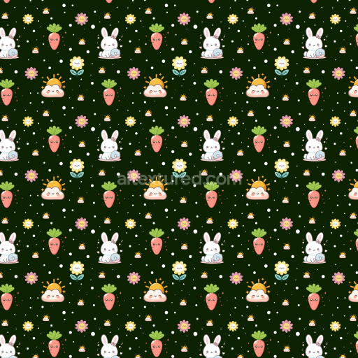 Seamless 3D PBR Texture Featuring Cute Bunny, Carrot & Floral Cartoon Pattern