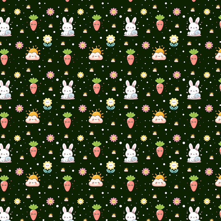 Featuring Cute Bunny, Carrot & Floral Cartoon Pattern seamless PBR texture preview
