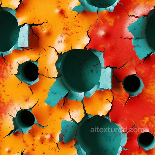 Cracked & Holed Painted Metal PBR Texture with Vibrant Orange and Red Colors seamless Cracked & Holes PBR texture