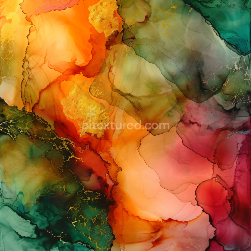 Seamless 3D Alcohol Ink PBR Texture Featuring Warm Amber, Emerald, and Gold Veining