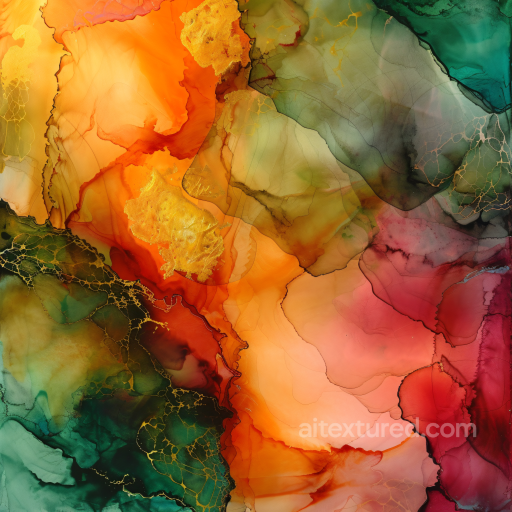 Alcohol Ink PBR Texture Featuring Warm Amber, Emerald, and Gold Veining seamless Alcohol ink PBR texture