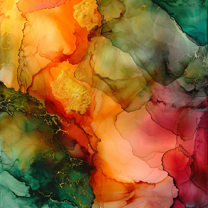 Alcohol Ink Featuring Warm Amber, Emerald, and Gold Veining seamless PBR texture preview