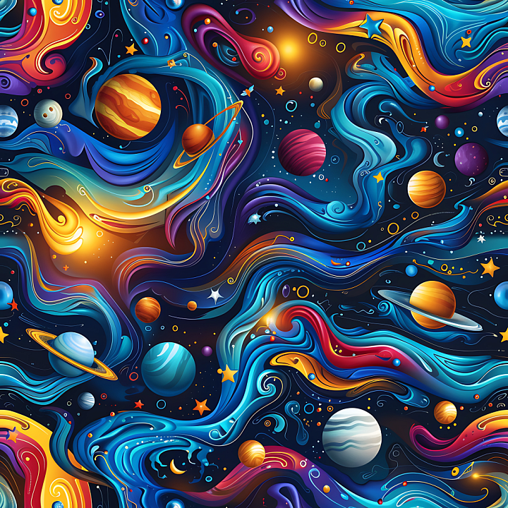 Space Featuring Vibrant Cosmic Clouds and Stylized Planets seamless PBR texture preview