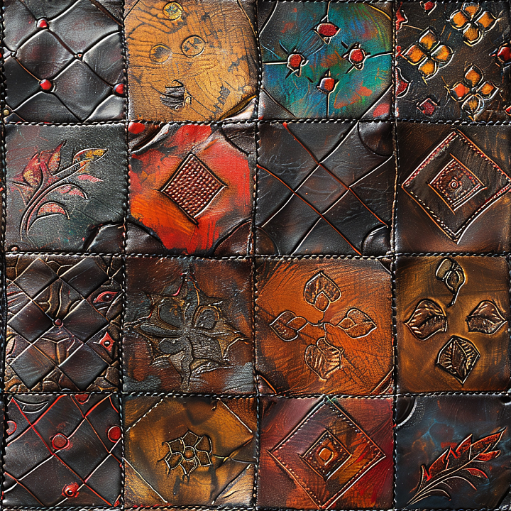 Embossed Quilted Multicolor Leather with Patterned Panels seamless PBR texture preview