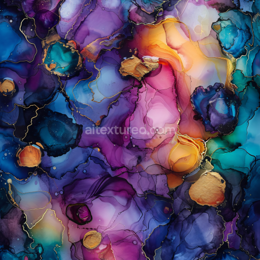 Seamless 3D Alcohol Ink PBR Texture Featuring Vibrant Jewel Tone Marbling & Gold Veins