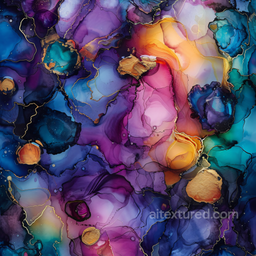Alcohol Ink PBR Texture Featuring Vibrant Jewel Tone Marbling & Gold Veins seamless Alcohol ink PBR texture