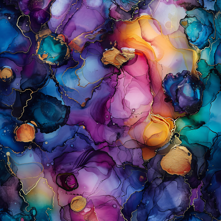 Alcohol Ink Featuring Vibrant Jewel Tone Marbling & Gold Veins seamless PBR texture preview