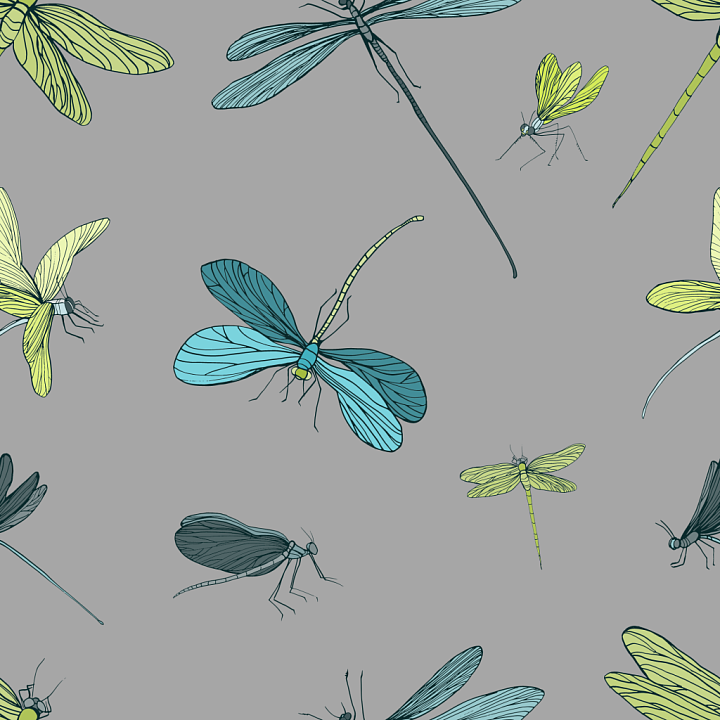 Featuring Stylized Dragonfly Pattern on Gray Background seamless PBR texture preview