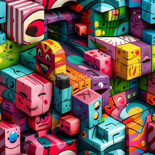Seamless 3D PBR Graffiti Texture Featuring Vibrant Cubic Faces and Geometric Street Art
