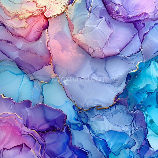 Seamless 3D Alcohol Ink PBR Texture Featuring Organic Purple and Blue Fluid Swirls with Gold Veining