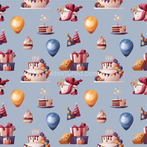 Seamless 3D PBR Birthday Celebration Texture with Cakes, Balloons, Gifts