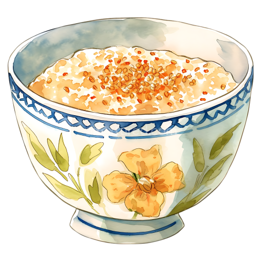 Watercolor Style Buckwheat Porridge Breakfast Bowl Illustration in Decorative Floral Ceramic