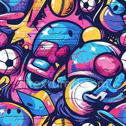 seamless Seamless 3D PBR Texture of Colorful Cartoon-Style Graffiti with Sports Motifs texture 8k free download PBR