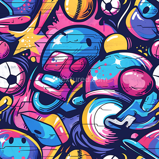 Seamless 3D PBR Texture of Colorful Cartoon-Style Graffiti with Sports Motifs