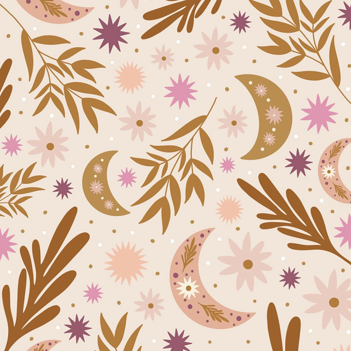 Boho Style Floral and Moon Pattern Fabric seamless PBR texture preview