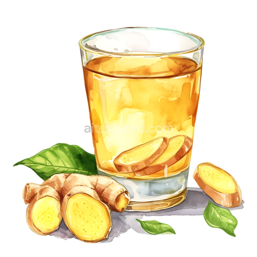 Breakfast Ginger Tea Glass Illustration with Fresh Ginger Root and Green Leaves