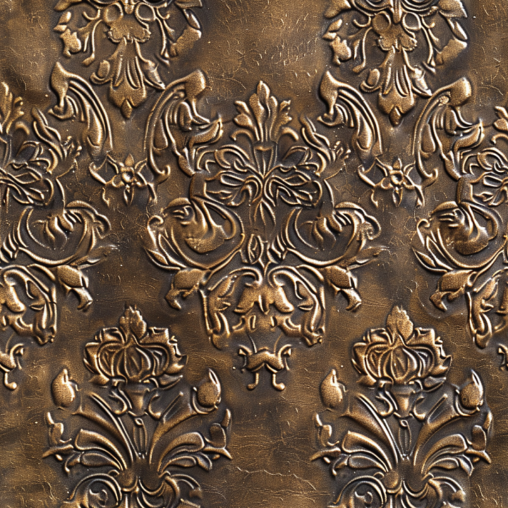 Embossed Vintage Brown Leather with Ornate Floral Patterns seamless PBR texture preview
