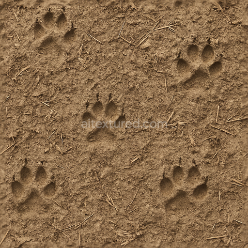 Seamless 3d texture pbr 8k of animal footprints on loose soil with vegetation debris