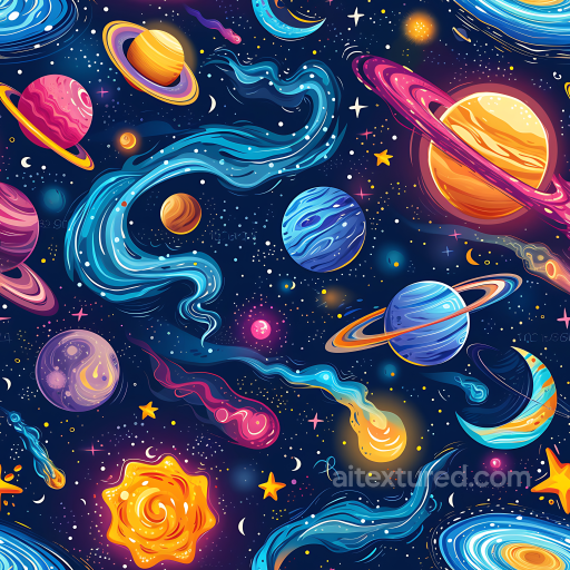 Cartoon-Style Cosmic Space PBR Texture with Colorful Planets and Nebulae seamless Star, space, planets PBR texture