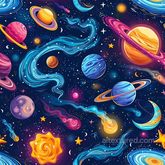 Cartoon-Style Cosmic Space PBR Texture with Colorful Planets and Nebulae Star, space, planets texture preview